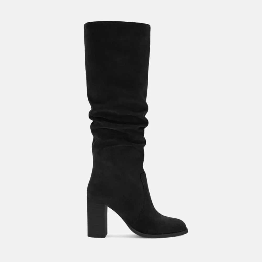 Women's Black Chunky High Heel Square Zipper Wide Calf Knee High Boots